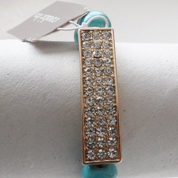 Cookie Lee NWT Turquoise Colored Bead Stretch Bracelet w/ Rhinestone Bar - Picture 9 of 10